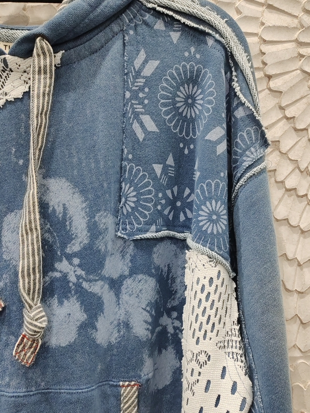 Free People Tattered Romance Hoodie Blue Patchwork Mix Pullover Hoodie - Picture 4 of 9